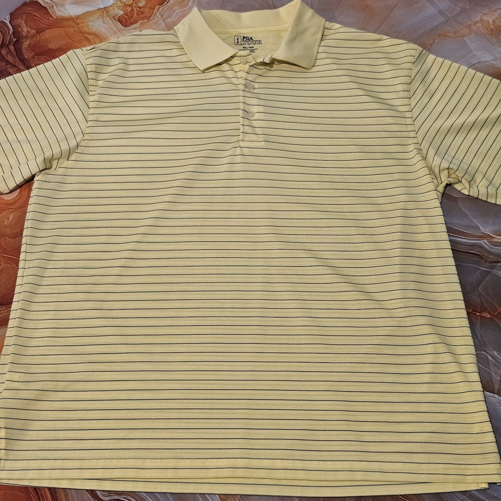 PGA TOUR Men's XL Golf Polo Shirt Yellow Blue Striped Performance Short Sleeve